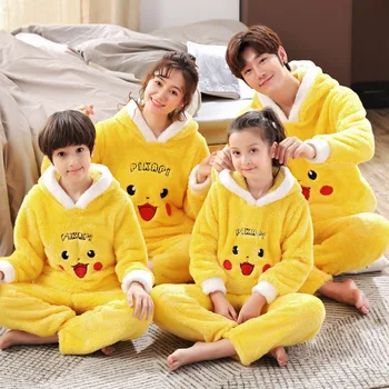 Vinter-Familie-Forældre-Barn-Pyjamas sæt Kids-Skjorte Pyjamas Fortykket Blød Hættetrøje med Lange Ærmer Dyr Panda Kvinder Mænd Homewear