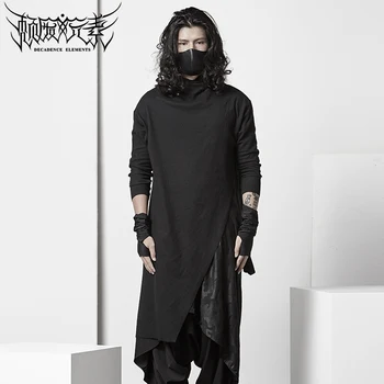 Mørke asymmetrisk høj hals T-shirt Japansk lang stil trendy mænds personlighed bunden shirt sort slim