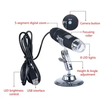 1600X USB Digital Mikroskop-Kamera-Endoskop 8LED Lup med Metal Stå Frit Skib