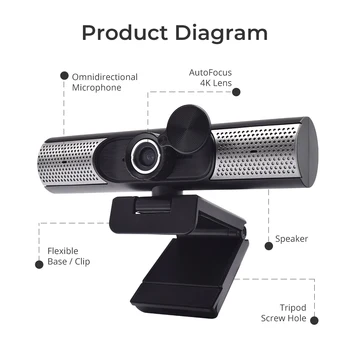 Webcam med Højttaler web-kamera med mikrofon Full HD-Acto Fokus Webcam 4K Web cam med USB-Kamera, Computer, PC Webcams til Youtube