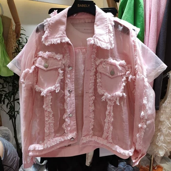 Høj kvalitet koreanske tynd sommer jakke kvinder foråret blonder Patchwork pels Gul/pink/sort/hvid/blå gennemsigtig løs jakke Q6