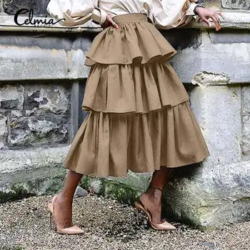 Celmia Kvinder, Elegant Nederdele 2021 Mode Solid Flæser Kage-Nederdele, Casual Løs OL A-line Nederdel Part Streetwear Midi-Nederdel 5XL