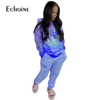 Echoine Kvinder Farverige Brev Print Sweatshirt Sæt Fuld Ærme Hætteklædte Track Top & Bukser Personlighed Casual Træningsdragt, 2 Delt Sæt