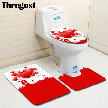 Thregost 3stk Badeværelse Mat Sæt til Væg-Tæpper Valentine ' s Day Print Flannel Toilet sædebetræk Bad Tæpper til Hjemmet Badeværelse