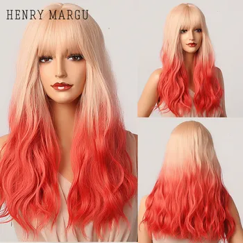 HENRY MARGU Orange Pink Ombre Parykker Med Bangs Lang Bølge Syntetiske Cosplay WigsLayered varmeandig Naturlige Parykker Til Kvinder
