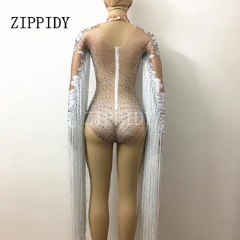 Glisten Rhinestones Hvide Kostume Bodysuit Skinnende Krystaller Kvast Stertch Trikot Kvindelige Sanger, DJ Party Outfit Fejre