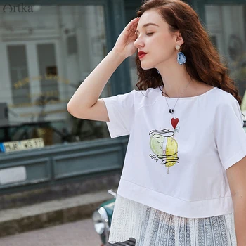ARTKA 2019 Sommeren Kvindelige T-Shirt Mode Frugt Print T-Shirt Lace Syning O-Hals, Korte Ærmer Casual T-Shirt Kvinder TA15493X
