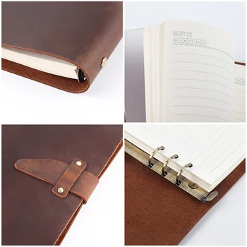 Ægte Læder Mejeri Notebook A5 Ringbind Planner Arrangør Spiral 6 Ringe Tidende Vintage Note Bog Business-Håndbog Papirvarer