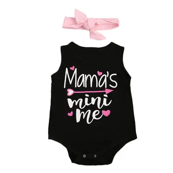 Pudcoco Nyfødte Piger Bodysuit Mamas Mini Mig Bogstaver med Hovedbøjle