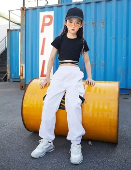 Kid Mode Hip Hop Sort Afgrøde Top T-Shirt Hvid Taktiske Cargo Bukser Tøj til Piger i Jazz-Dans, Kostume Tøj Street-Wear