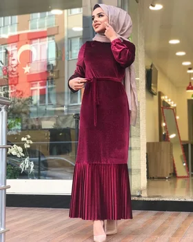 Wepbel Slim Fit Langærmet Abaya Elegant Velvet Muslimske Kjole Solid Farve Med Høj Talje Robe Plus Size Lotus Blad Maxi Kjole