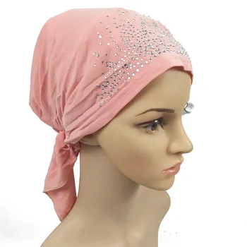 2020 Mode Muslimske Kvinder Indre Hijab Caps Solid Farve Diamanter Tørklæde Hat Femme Musulman Turbanet Bonnet Caps Indiske Hat