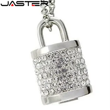 JASTER personlig kreative smykker, krystal, rhinsten lås usb-flash-drev, 32gb, 64GB usb 2.0 diamant halskæde pendrive gave