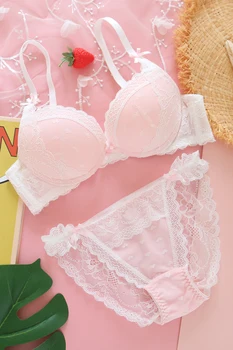 Pink Fersken Elsker Japansk Sød Dejligt Undertøj Sæt Sexede Kvinder er Lolita Mesh Blonde Lingeri Push Up Bh Bøjle Bikini Sæt