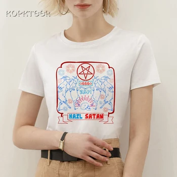 Baphomet Satan Vintage Kvinders T-shirt Gotiske Æstetisk Grafisk Korte Ærmer Print Tshirt Kvinder Ulzzang Tøj