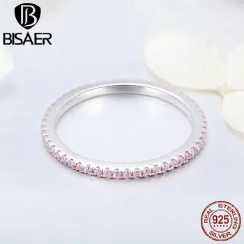 BISAER Sølv Ring 925 Sterling Sølv Minimalistisk Pink ZIRKONIA Sten Finger Ringe til Kvinder, Mousserende Engagement Smykker GXR066