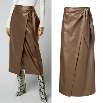 ZANZEA 2021 Stilfulde Kvinder PU Læder Nederdele med Høj Talje Split Lace-Up Midi-Nederdele Kvindelige Solid Robe-Knappen Vestidos Jupe Plus