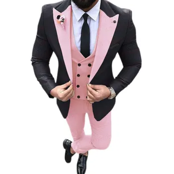 Pink Caual Mænd Jakkesæt med Sort Jakke 3 Stykke Bryllup Groomsmen Tuxedo New Mandlige Mode Kostume Dobbelt Breasted Vest Bukser