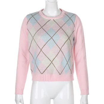 2020 Nye Mode Kvinder Trøjer Elegante Tyk Pink Ensfarvet Sweater Efterår Og Vinter Korte Løs Strikket Diamant Pulloves