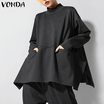 Efteråret Elegante Kontor-Shirts Toppe VONDA 2021 Casual Baggy Solid Lange Skjorter Løs Lomme Blusas Stilfulde og Solide Bluse Plus Størrelse
