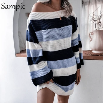 Sampic Sexet Afslappet Off Skulder Strikkede Pullovers Kvinder Sweater Stripe Part Langærmet Kjole Løs Plus Size Vinter Mini Kjole