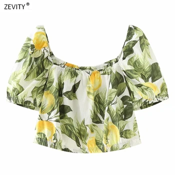 2020 kvinder vintage-pladsen krave citron, grønne blade print korte bluse kære puff ærmer casual skjorter smart chemise toppe LS6775