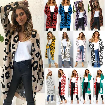Nye Efteråret Kvinder Leopard Fritids-Ins Stil Strikket Lang Cardigan Med Lange Ærmer Sweater Frakke Kvindelige Dame Outwear Frakker