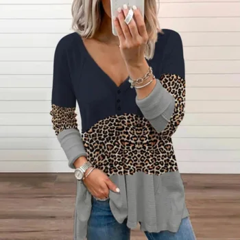 Kvinder Casual Fashion V-Hals Lange Ærmer Toppe 2021 Spring Nye Elegante Patchwork Leopard Bluse Shirts Kvindelige Løs Pullovere 3XL