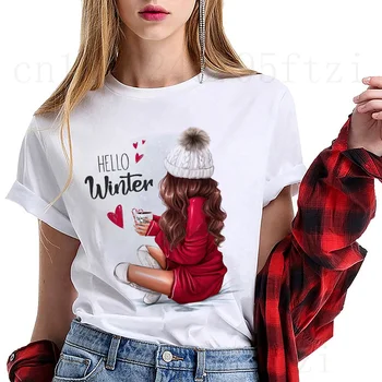 2021 NYE ÅR Christmas Girl Fashion Hiphp T-shirt Kort Ærme Harajuku Ullzang Tegnefilm Print Sjove Santa Claus top tee