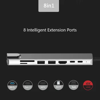 Bærbare USB 3.0 High Speed-Porte Type-C-Hub Usb-C 4K-30HZ HD Bærbar PD Opladning SD &TF Card Reader RJ45 til MacBook Pro