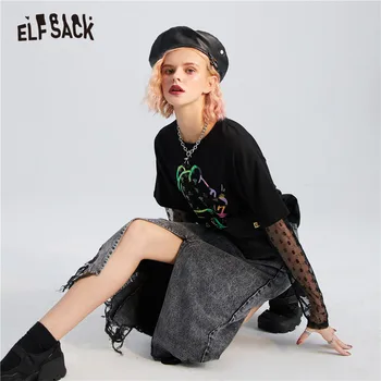 ELFSACK Harajuku Sort Grafisk Print Kvinder Casual T-Shirts,2020 Efteråret ELF Kontrast Lace koreanske Damer Grundlæggende Daglige Søde Toppe