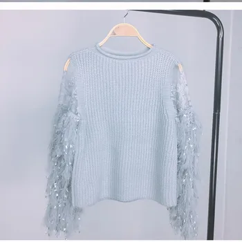 Søde Kvinder Mode Strikkede Trøjer Trøjer Knipling, Patchwork-Ærme Elegant Kvinde Solid Sweater Bluser
