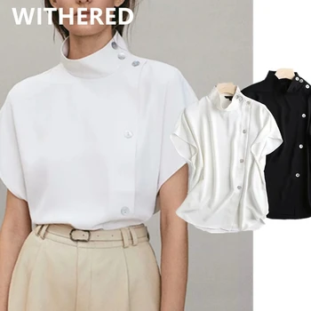 Visne england mode solid simple kausale rullekrave-knapper off-shoulder bluse kvinder blusas mujer de moda 2020 shirt toppe
