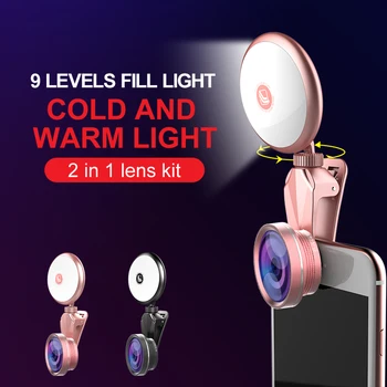 RK19S LED Selfie Flash Lys Udfylde Lys, Varme&Kolde Pærer Med Brede Vinkler Fiskeøje Marcro Linse 360 Rotation Til iPhone Huawei Vivo