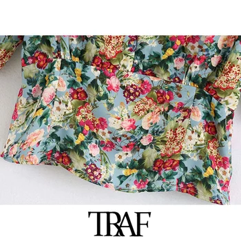 TRAF Kvinder Mode blomsterprint, der er Beskåret, Bluser Vintage V-Hals, Korte Ærmer og Lynlås Kvindelige Skjorter Blusas Smarte Toppe