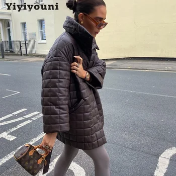 Yiyiyouni Oversize Tyk PU Læder Kvinder Parkacoats 2020 Vinter-Knappen Bomuld Vatteret Frakke Kvinder med Lange Ærmer, Lommer Overtøj til Dame