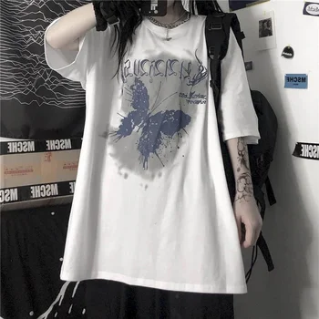 Sommeren Tshirt Kvinder T-Shirt Harajuku T-shirt Ins Mørke Hip-hop Personlighed Butterfly Graffiti Print Kort-langærmet Punk Tøj
