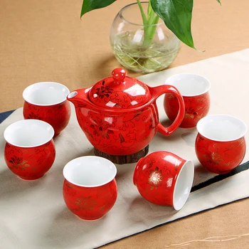 Kinesisk Bryllup Dekoration Te Sæt Isolering 6stk tekop 1stk teapot. Kung Fu Teaware Sæt, Engros Den Højeste Salg