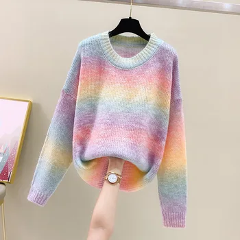 Rainbow løs dovne sweater kvinder pullover koreanske stribede ydre slid kokon pels efteråret 2020 ny