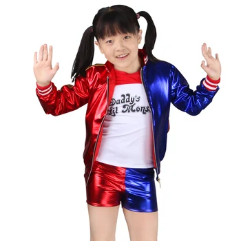 Harley kostumer quinn pige voksen passer til cosplay Selvmord Team Monster T-Shirt Børn, Jakke, Handsker, Bælte Tilbehør Anime Sæt