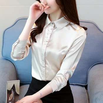 Kvinder Silke Skjorte Elegante Kvinder Satin Bluser Skjorter Blusas Mujer De Moda 2019 Koreansk Mode Kvinder Silke Bluser Shirt Plus Størrelse