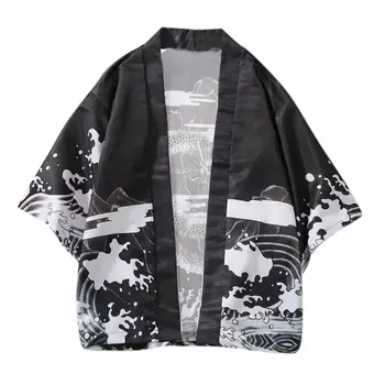 Afslappet Mænd Wave Dragon 3/4 Ærme Åben Front Yukata Kimonoer Cardigan Frakke, Shirt