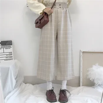 Kvinder Bukser Mode Plaid Ankel-længde Dame Sød Chic Alle-match koreansk Stil Dagligt Lige Høj Talje Harajuk Streetwear Ny