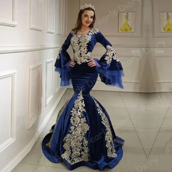 V-Hals Pynt Formel Prom Dress 2021 Nyeste Royal Blå Marokko Kaftan Aften Kjoler, Lange Ærmer Velvet Muslim Party Kjoler