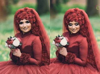 3D Flower Bourgogne Muslimske brudekjoler 2020 arabisk Plus Size Islamiske Hijab Bolden Kjole Lange Ærmer Tyl Kaftan Tyrkiet Brude