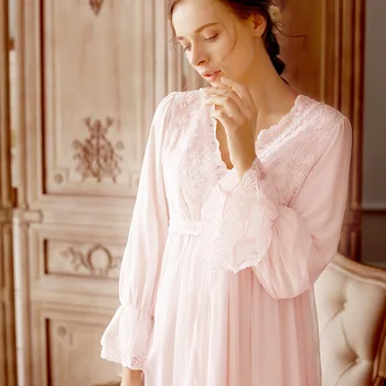 Nye efterår og vinter Kvinder Nightgowns Simple Prinsesse blonder bomuld palace broderi kjole nightdress home service