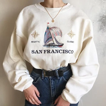 Hvid Bomuld Mønster Brev Udskrivning Crewneck Sweatshirt Kvinder Vintage USA Stilfuld Oversize Løs Casual Streetwear Pullovere