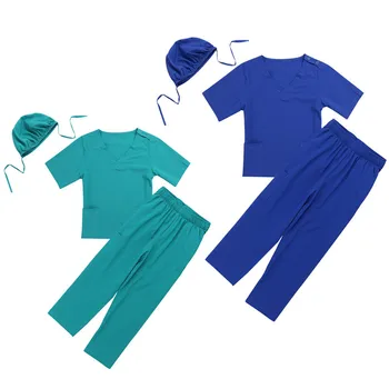 Børn Unisex-To-stykke Lab Kirurg Uniform Toppe med Bukser Cap Sæt Drenge Piger Halloween Fest Rollespil Læge Sygeplejerske Kostume
