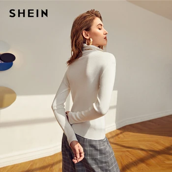 SHEIN Solid Rullekrave Slim Fit Rib-strik Sweater Kvinder Vinteren Lange Ærme Elastisk Kontor Damer Afslappet Grundlæggende Trøjer