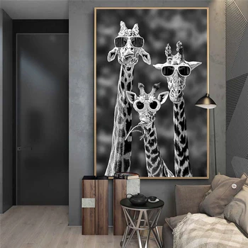 Giraffer med Solbriller på Lærred Maleri Sort Og Hvidt Dyr, Plakater Væg Kunst Billedet Cuadros boligindretning, Rum Udsmykning
